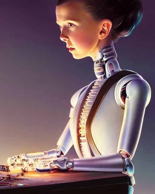 Prompt: weta disney pixar movie still head and torso portrait photo of young millie bobby brown lying on a science fiction table with a white ponytail as thoughtful intricate detailed mechanical plastic cyborg girl by pixar, by weta, wlop, ilya kuvshinov, rossdraws, artgerm, latex, iridescent, bright morning, anime, liosh, mucha