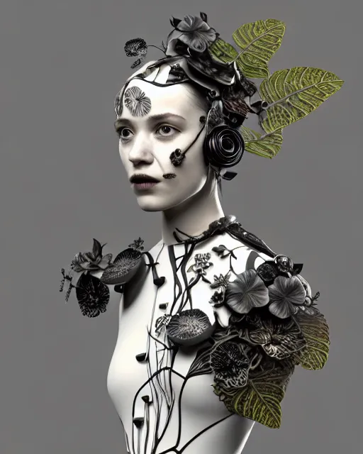 Image similar to monochrome 3 d model, 1 9 3 0 picture, floral steampunk biomechanical beautiful young female cyborg with porcelain profile face and a techno eye, volumetric light, leaves foliage and stems, hibiscus flowers, boho vines, sinuous fine roots, fine foliage lace, alexander mcqueen, rim light, big gothic fashion pearl embroidered collar, octane render, 8 k