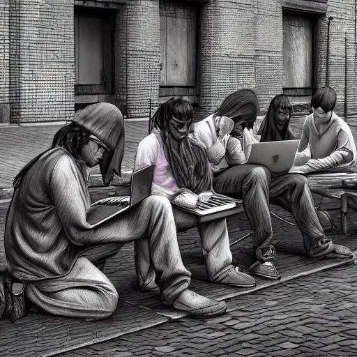 Image similar to a group of realistic bums using laptops near on street, highly detailed, intricate, sharp focus, digital art, 8 k