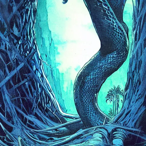 Image similar to blue by neal adams evocative, somber. a computer art of a large, looming creature with a long, snake body. many large, sharp teeth, & eyes glow. wrapped around a large tree, bent under the weight. small figure in foreground, a sword, dwarfed by the size of the creature.