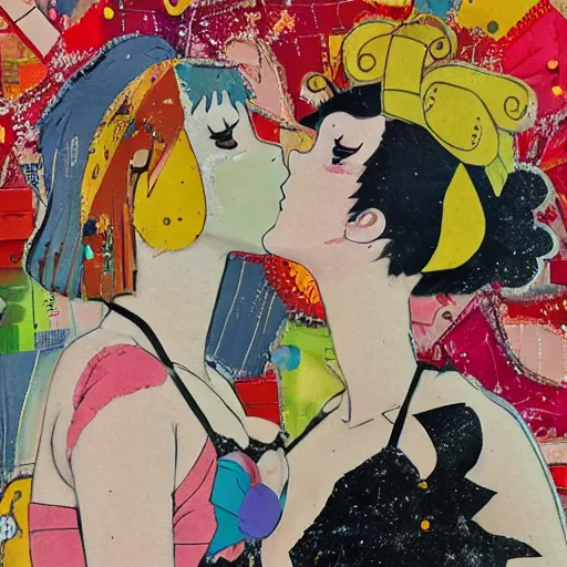 Image similar to two anime women kissing at a carnival, mixed media collage, retro, paper collage, magazine collage, acrylic paint splatters, bauhaus, abstract claymation, layered paper art, sapphic visual poetry expressing the utmost of desires by jackson pollock