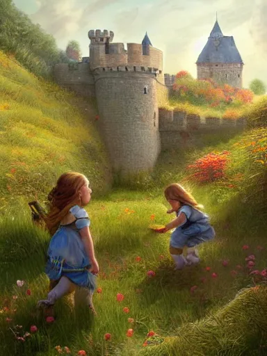 Prompt: children playing inside a meadow in the castle walls. intricate, elegant, highly detailed, digital painting, artstation, concept art, sharp focus, illustration, by justin gerard and artgerm, 8 k