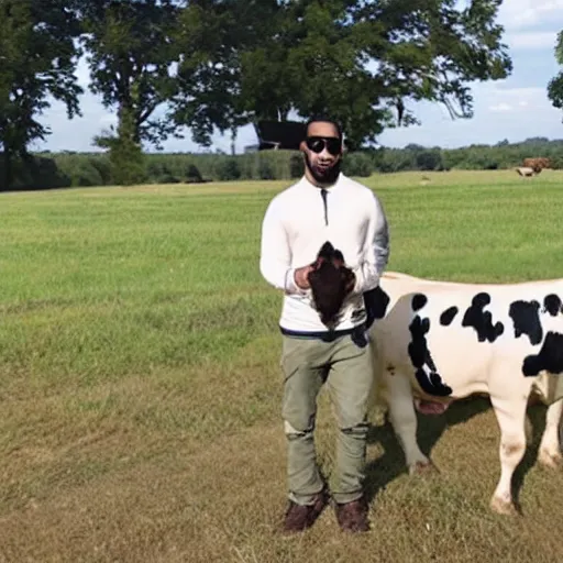 Image similar to drake, with a cow, at a dairy farm