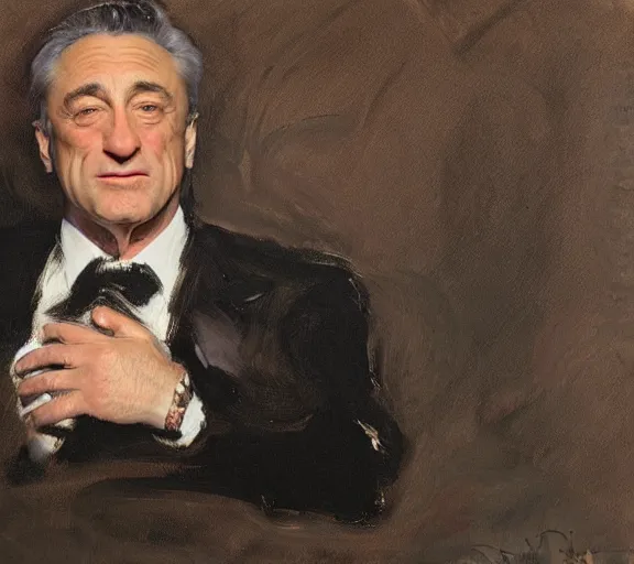 Image similar to a hyper-detailed oil painting of Robert DeNiro by John Singer Sargent; anatomically correct