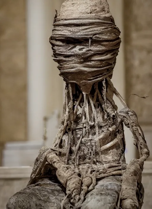 Prompt: mummified pipe in his throne at the vatican, desiccated, close - up portrate, hyper realistic, sharp focus, highly detailed