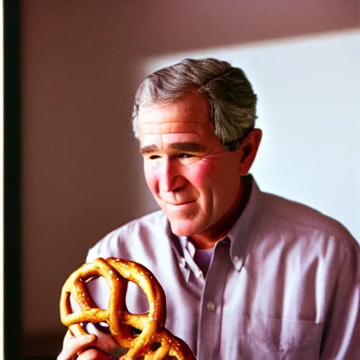 Prompt: George W. Bush holding a pretzel and contemplating mortality. CineStill.