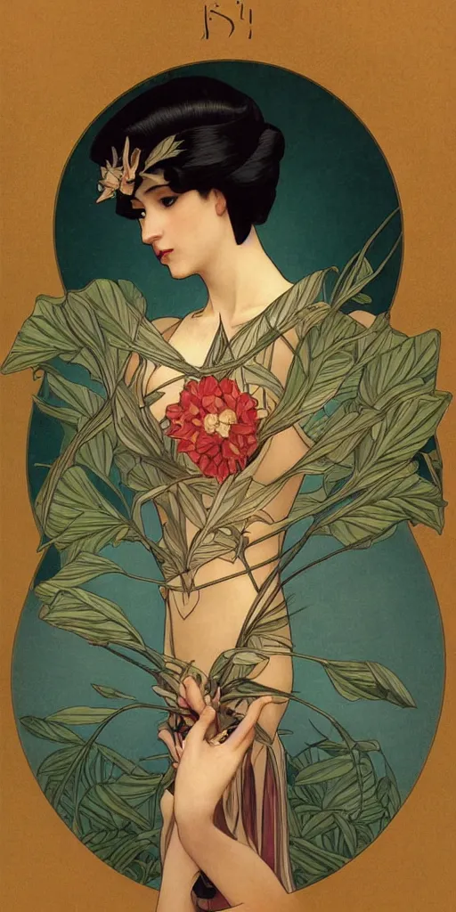 Image similar to an art deco tarot card, ikebana, symmetric, highly detailed, elegant, concept art, sharp focus, illustration, alexandros pyromallis, bouguereau, rutkowski, artgerm, tamara de lepika, alphonse mucha