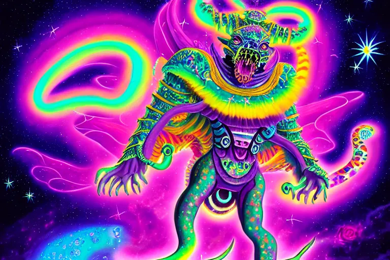 Image similar to lisa frank illustration of rebulon the ancient demon, painted by lisa frank, masterpiece concept art, 8 k, intricate detail, cinematic lighting, epic pose, bright colors