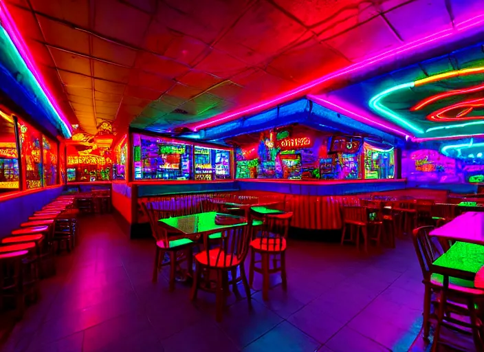 Image similar to photo of a mexican restaurant, neon lights, in a flat snowy field. 35mm. Very detailed 8k. Sharp. Cinematic post-processing. Unreal engine. Nanite. Ray tracing. Parallax. Tessellation