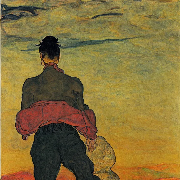 Image similar to fierce man with golden mustache carrying a boulder on his back on a hill, looking at the toxic industrial city with dark smoke and smog. sun setting through the clouds, vivid iridescent colors. munch, egon schiele, henri de toulouse - lautrec, utamaro, monet