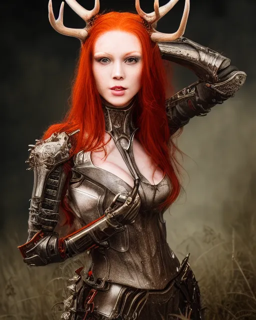 Image similar to 5 5 mm portrait photo of an armored redhead woman with antlers on her head, by luis royo. highly detailed 8 k. intricate. lifelike. soft light. nikon d 8 5 0. cinematic post - processing