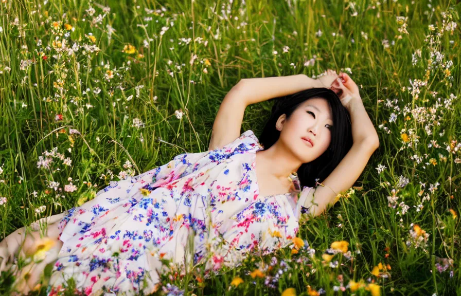 Image similar to a beautiful young Asian woman lying in a field of wildflowers, wearing a sun dress, portrait, dreamy, cinematic, depth of field, glow