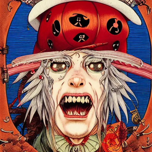 Prompt: portrait of crazy pirate with patch on one eye, symmetrical, by yoichi hatakenaka, masamune shirow, josan gonzales and dan mumford, ayami kojima, takato yamamoto, barclay shaw, karol bak, yukito kishiro