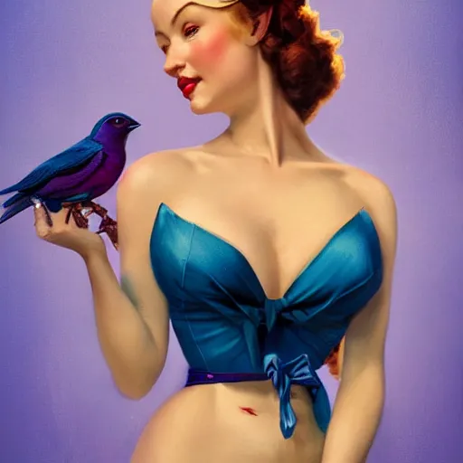 Image similar to hyper realistic painting, tasteful pinup girl holding an indigo bunting, bird, the bird is wearing a bowtie, by greg rutkowski, highly detailed, digital illustration, rossdraws, gil elvgren, enoch bolles, anime, porcelain skin, very coherent