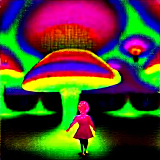 Prompt: Little girl wandering among many giant glowing mushrooms, Neon colors, psychedelic art, trippy, 4k, HQ, Trending on Artstation