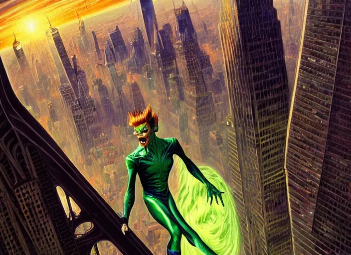 Image similar to painted poster of david bowie, as the green goblin flying above new york in the background. intricate, elegant, highly detailed, centered, digital painting, artstation, concept art, smooth, sharp focus, illustration, artgerm, tomasz alen kopera, peter mohrbacher, donato giancola, joseph christian leyendecker, drew struzan