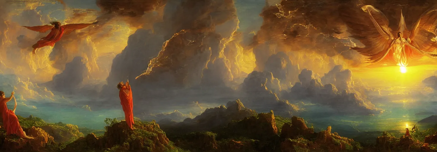 Prompt: Icarus in a firey tailspin while Daedalus looks on in disbelief, in the style of a surreal and awe-inspiring thomas cole and albert Bierstadt digital art panoramic landscape painting at sunset, unreal engine, 4k, matte, exquisite detail, lens pop