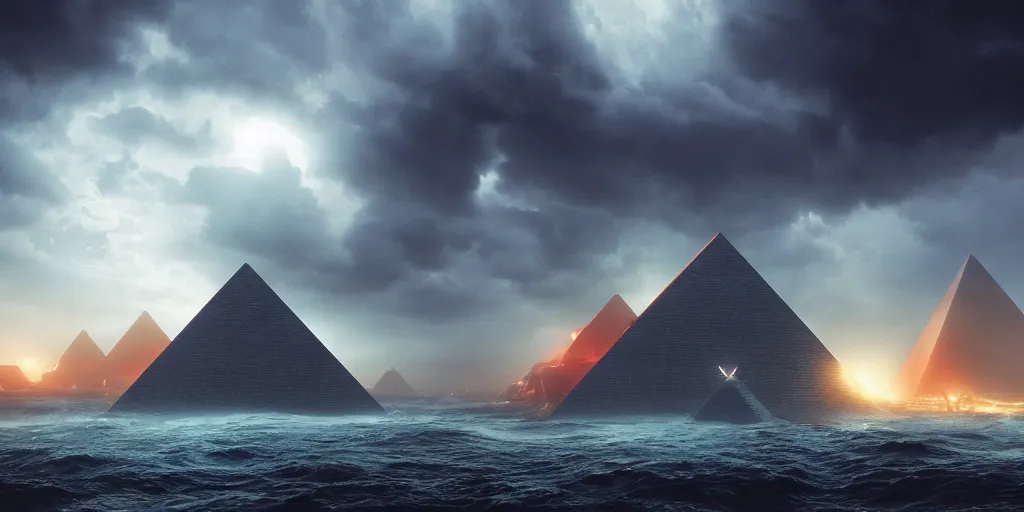 Prompt: ominous glowing pyramid with spikes in the middle of a stormy ocean surrounded by sleek hovering aircrafts, art direction by beeple, enigmatic scene, rembrandt lighting, unreal engine, ray - tracing, 4 k, high detail