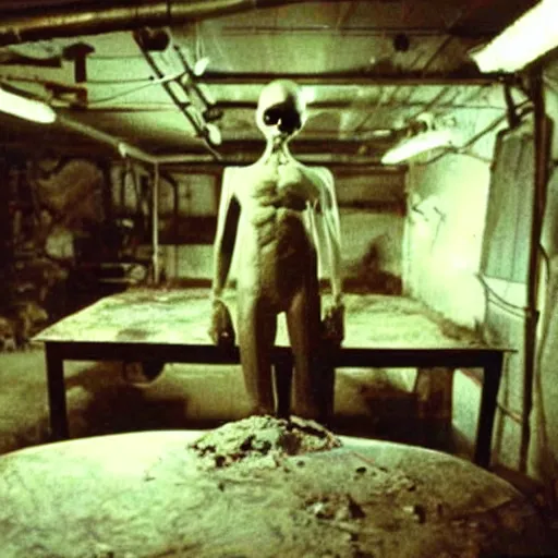 Prompt: underground secret laboratory with an alien body on the table, documentary photo from the 8 0 s, top secret