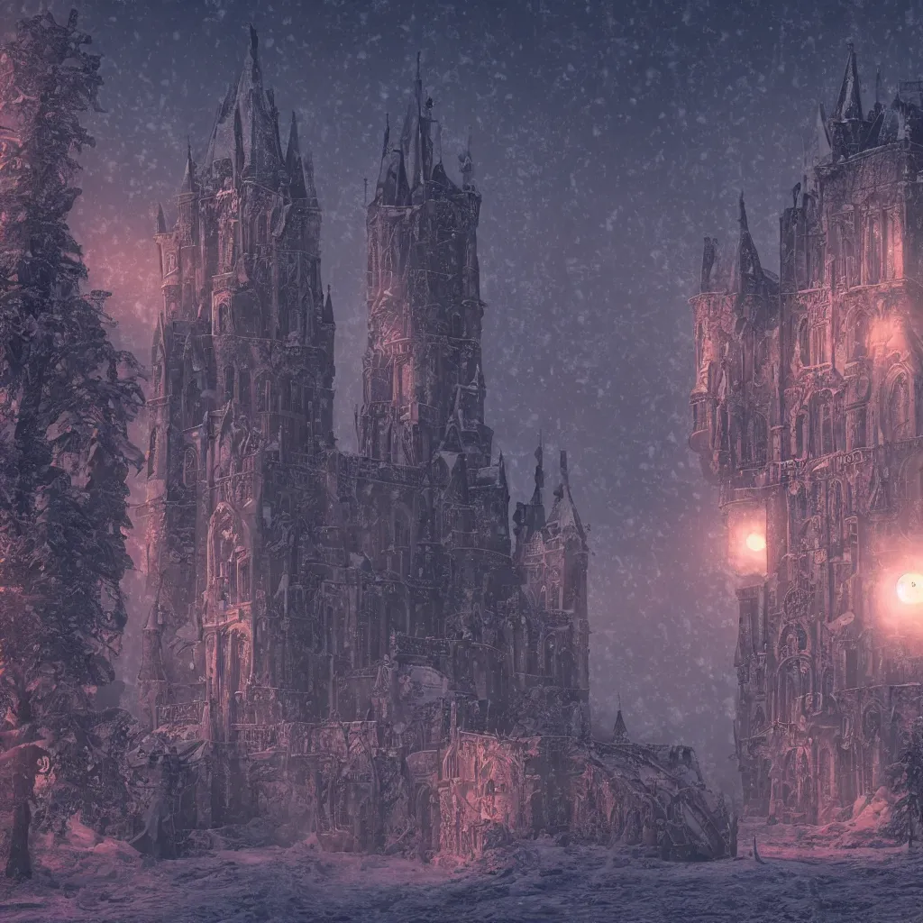 Image similar to gothic castle in the style of aetherpunk, a snowy street, huge red moon, global illumination, smoke, detailed and intricate environment, mysterious