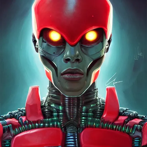 Prompt: zulu cyborg, male, green eyes, red diodes, science fiction, highly detailed, digital painting, beautiful eyes, symmetry, concept art, sharp focus, illustration, art by artgerm and greg rutkowski and magali villeneuve and ilya kuvshinov!