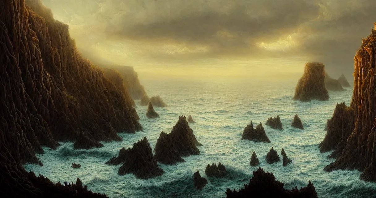 Image similar to epic professional digital art of hungry cliffside sea coastline, faint golden moody atmospheric lighting, painted, intricate, detailed, detailed, foreboding, by leesha hannigan, wayne haag, reyna rochin, ignacio fernandez rios, mark ryden, iris van herpen,, epic, stunning, gorgeous, much wow, cinematic, masterpiece.