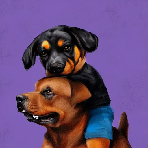 Image similar to chinese boy riding on top of a rottweiler, digital painting