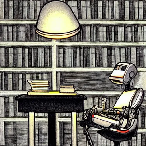 Image similar to a robot reading a book sitting in a desk chair and on the table a desk lamp turned on, in the background many books! dream a robot reading a book sitting in a desk chair and on the table a desk lamp turned on, in the background many books, gothic art, harlem renaissance