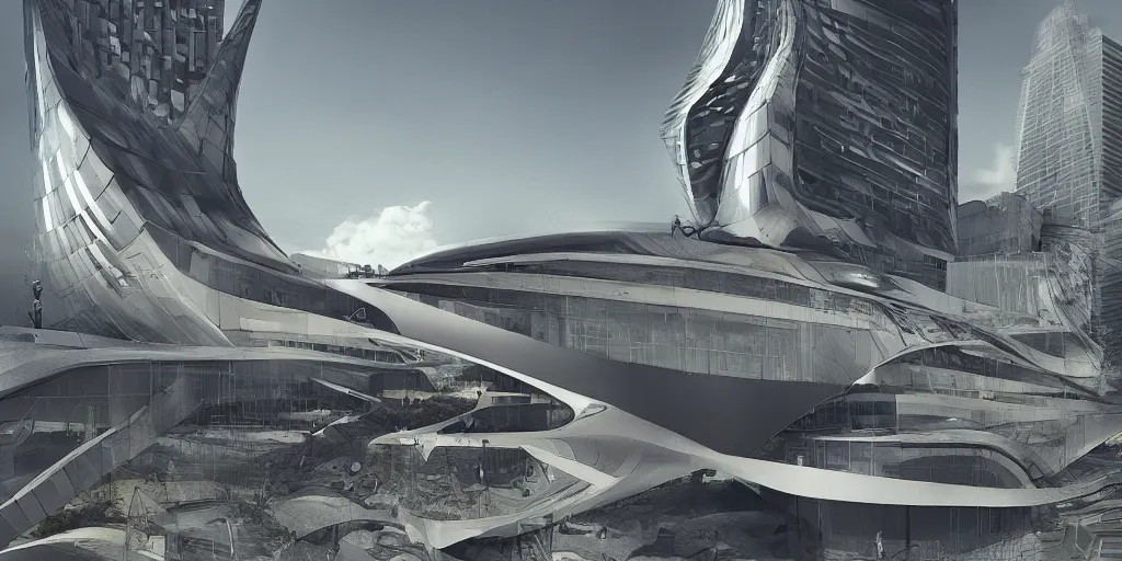 Image similar to Zaha Hadid building and le corbusier building and Mies van der rohe wrok in the same fantasy world photo inspired by Where weird things happen by Daniele Gay on art station and inspired by Mining by Risa lin on art station