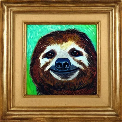 Prompt: a beautiful oil painting of a sloth's face in the style of van Gogh