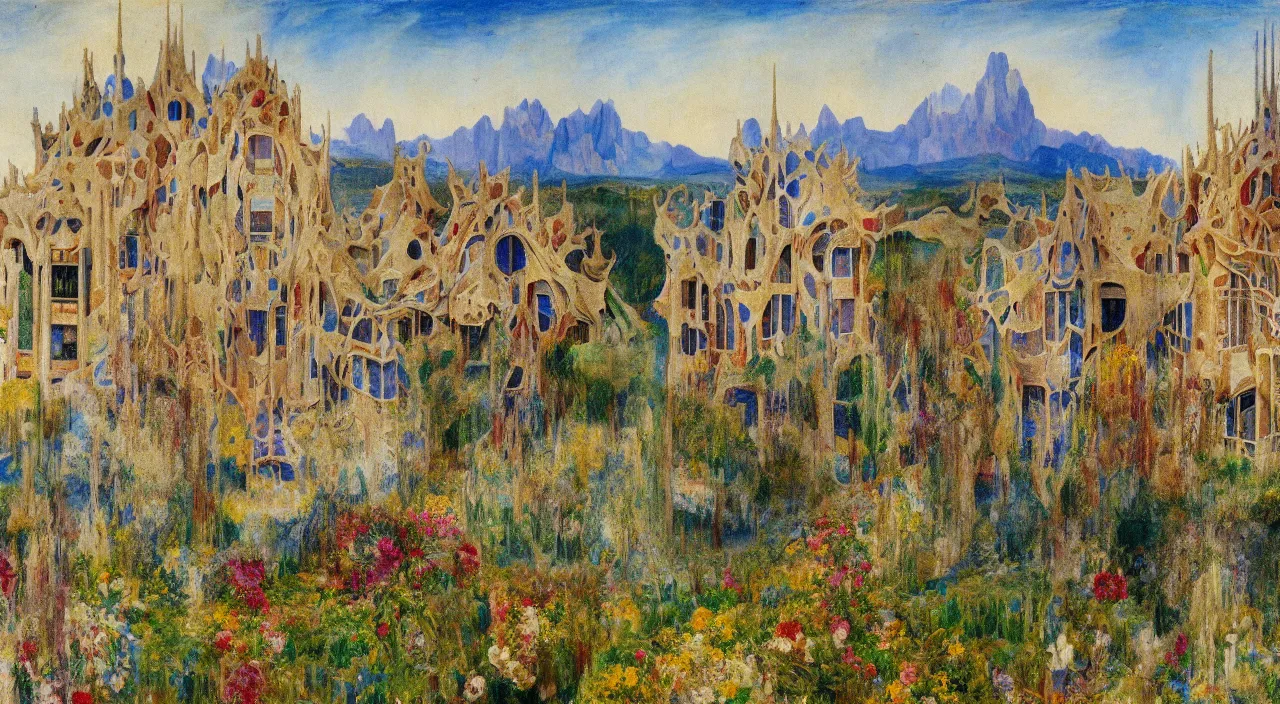 Prompt: a house designed by Antoni Gaudí, with flower fields as foreground, with mountains as background, by J. M. W. Turner