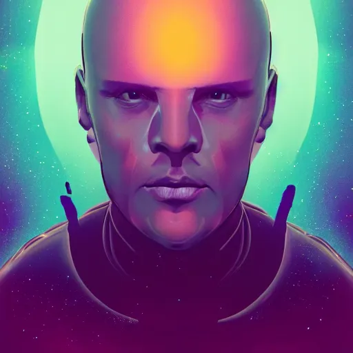 Image similar to portrait of a bald man, synthwave, universe background, nebula, galaxy, artstation