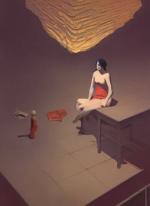 Prompt: time does not exist anymore by edward hopper and james gilleard, zdzislaw beksinski, open ceiling, highly detailed, painted by francis bacon, painted by james gilleard, surrealism, airbrush, ilya kuvshinov, wlop, stanley artgerm, very coherent, art by takato yamamoto and james jean