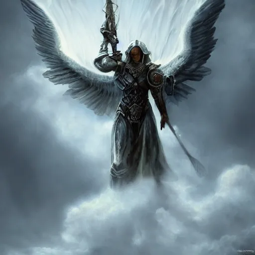 Image similar to an archangel in heavy armor descending from the clouds, artstation hall of fame gallery, editors choice, # 1 digital painting of all time, most beautiful image ever created, emotionally evocative, greatest art ever made, lifetime achievement magnum opus masterpiece, the most amazing breathtaking image with the deepest message ever painted, a thing of beauty beyond imagination or words