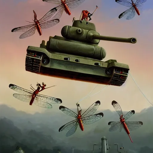 Image similar to a horde of dragonflies using cables to lift a tank, fantasy, digital art by RHADS and Moebius, artstation