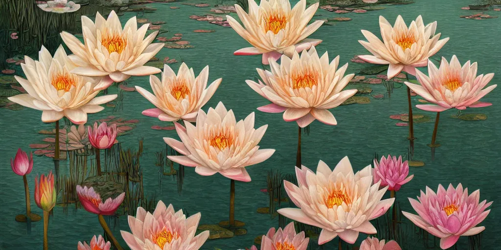 Image similar to breathtaking detailed concept art painting art deco pattern of blonde faces goddesses amalmation water lily flowers with anxious piercing eyes and blend of flowers and birds, by hsiao - ron cheng and john james audubon, bizarre compositions, exquisite detail, extremely moody lighting, 8 k