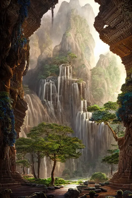 Prompt: An amazing interior of the temple of the gods of nature, intricate details, vast open interior, amazing and tall waterfalls, dramatic lighting, digital art, trending on Artstation, dark, hyper-realistic, detailed