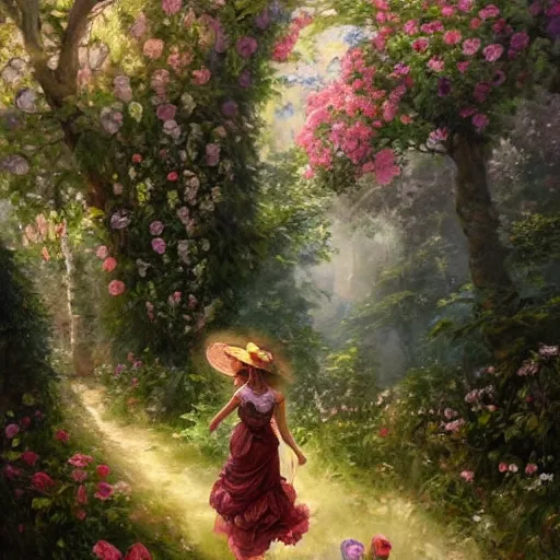 Image similar to portrait of a victorian woman running up a hill of exotic flowers, giant mushrooms, and roses, from behind, streets, birds in the sky, sunlight and rays of light shining through trees, tall buildings on the sides, beautiful, solarpunk!!!, highly detailed, digital painting by Michael Garmash and Peter Mohrbacher