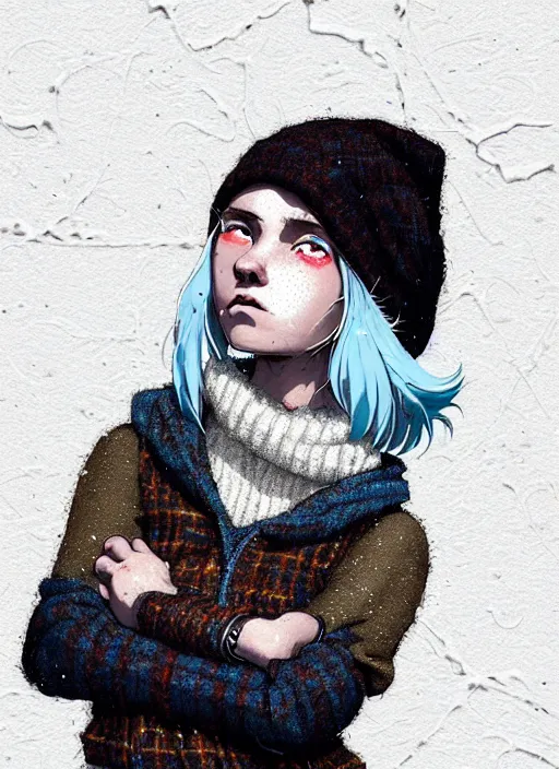 Image similar to highly detailed closeup portrait of a sewer punk lady student, beanie, harris tweed hoodie, frosty white hair by atey ghailan, by greg rutkowski, by greg tocchini, by james gilleard, by joe fenton, by kaethe butcher, gradient, blue, black, brown and cream color scheme, grunge aesthetic!!! white graffiti tag wall background