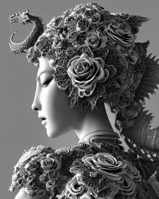 Image similar to bw dreamy close - up profile face, beautiful young porcelain intricate steampunk bio - mechanical vegetal - dragon - cyborg - female, white roses ornate metallic armour, white fluffy feathers, fine mandelbrot fractal lace, 1 5 0 mm, soft rim light, elegant, hyper real, ultra detailed, octane render, hg giger, 1 6 k