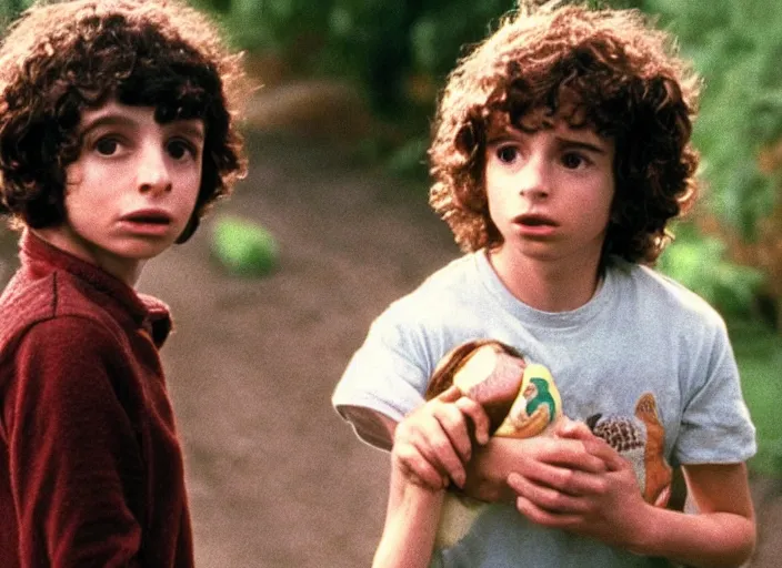 Image similar to film still of Finn Wolfhard as Elliot in ET 1982 with ET