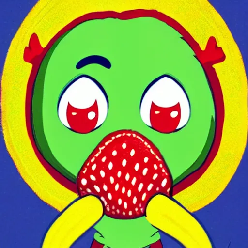 Prompt: a cute strawberry character with two front teeth, holding a yellow toothbrush, in the style of jamie hewlett