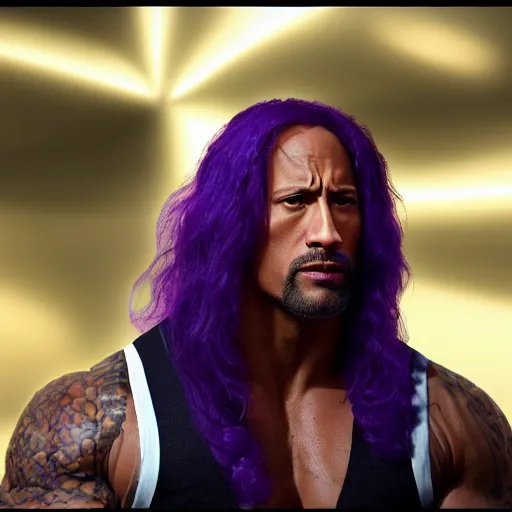 Image similar to Dwayne Johnson with long purple hair, 4k, 8k, trending on artstation, artstationHD, artstationHQ, photorealistic imagery