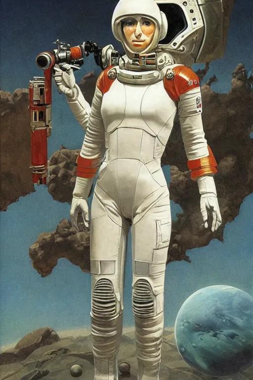 Image similar to pulp scifi fantasy illustration full body portrait android woman, white hair, in leather spacesuit on mars, by norman rockwell, roberto ferri, daniel gerhartz, edd cartier, jack kirby, howard v brown, ruan jia, tom lovell, frank r paul, jacob collins, dean cornwell, astounding stories, amazing, fantasy, other worlds