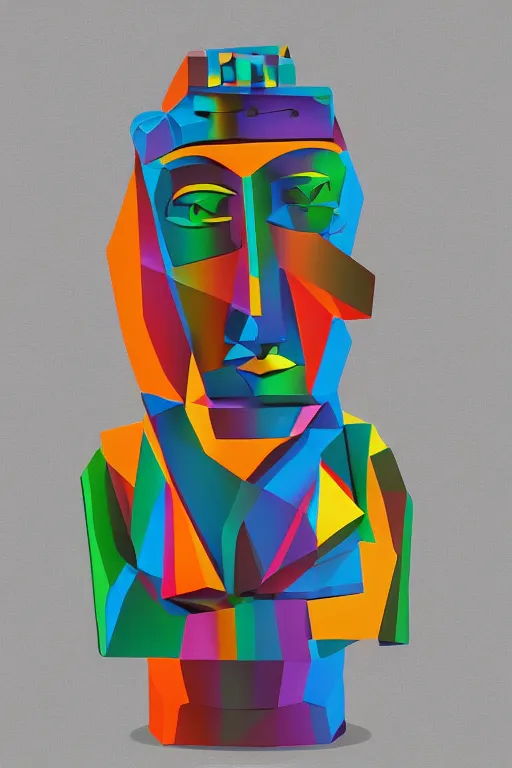 Image similar to cubist moai statue cutout digital illustration cartoon colorful beeple