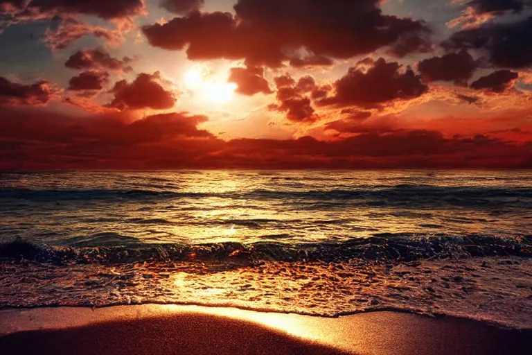 Prompt: beach warm ambient light sunset sparkling waves. photo - realistic hd, hyperrealism, colourful, highly detailed, cinematic, luminescence, 3 2 k, dop, high contrast, intricate, mystery, epic, fantasy