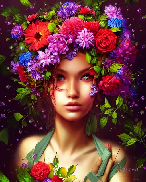 Prompt: machinery princess floral overgrowth, fantasy portrait, explosion of flowers, vibrant, artgerm, photorealism, artstation