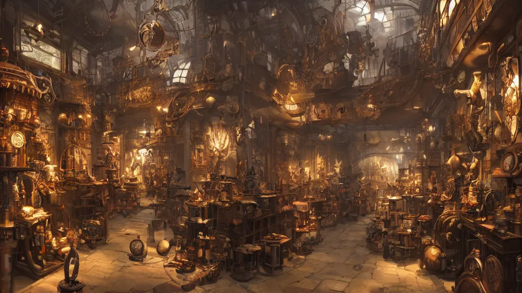 Prompt: A steampunk store, by Danar Worya and Greg Rutkowski, and artgerm, ultra detailed displays of weapons and clockwork machinations densely packed on shelves, volumetric lighting, 8k, unreal engine, trending on artstation