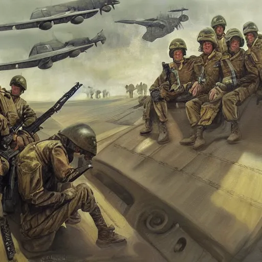 Image similar to an award winning painting of soldiers sitting inside a plane on their way to the battlefield, an emotionless look on their faces, in the style of grek rutkowski