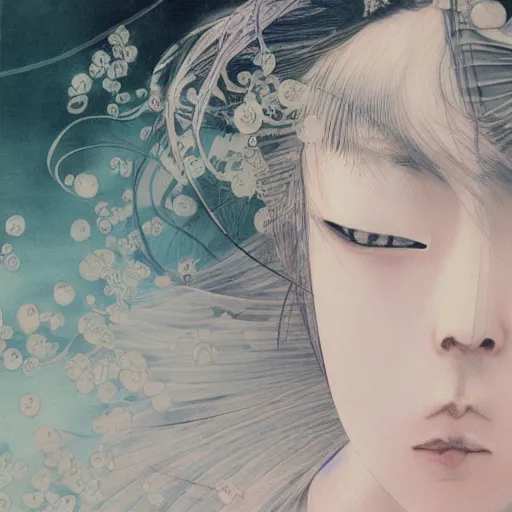 Image similar to yoshitaka amano blurred and dreamy realistic illustration of a young japanese woman with black eyes, wavy white hair fluttering in the wind wearing elden ring armor with engraving, abstract patterns in the background, satoshi kon anime, noisy film grain effect, highly detailed, renaissance oil painting, weird portrait angle, blurred lost edges, three quarter view